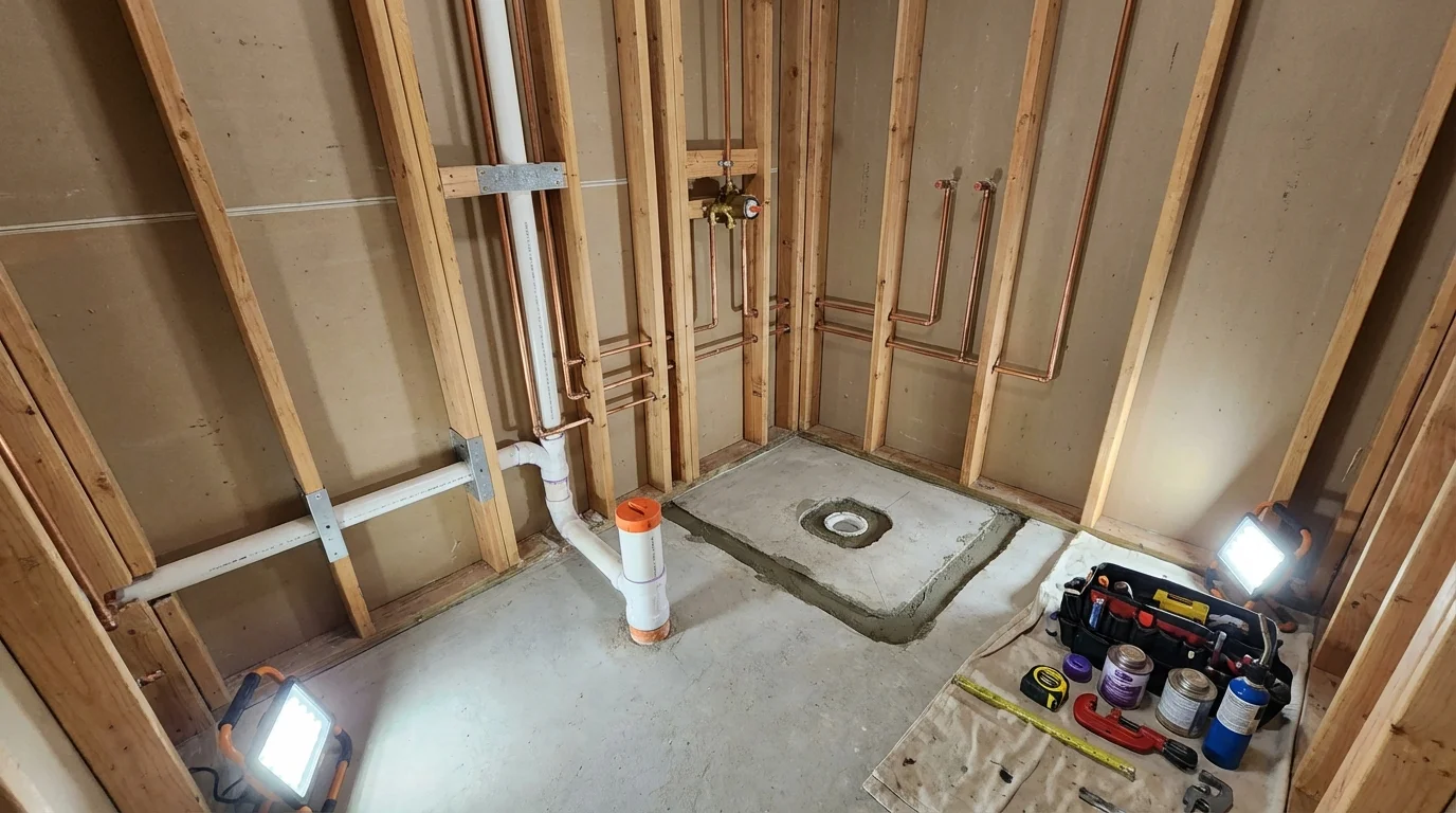 Bathroom rough-in plumbing during remodel by Johns Plumbing LLC in Fairmount