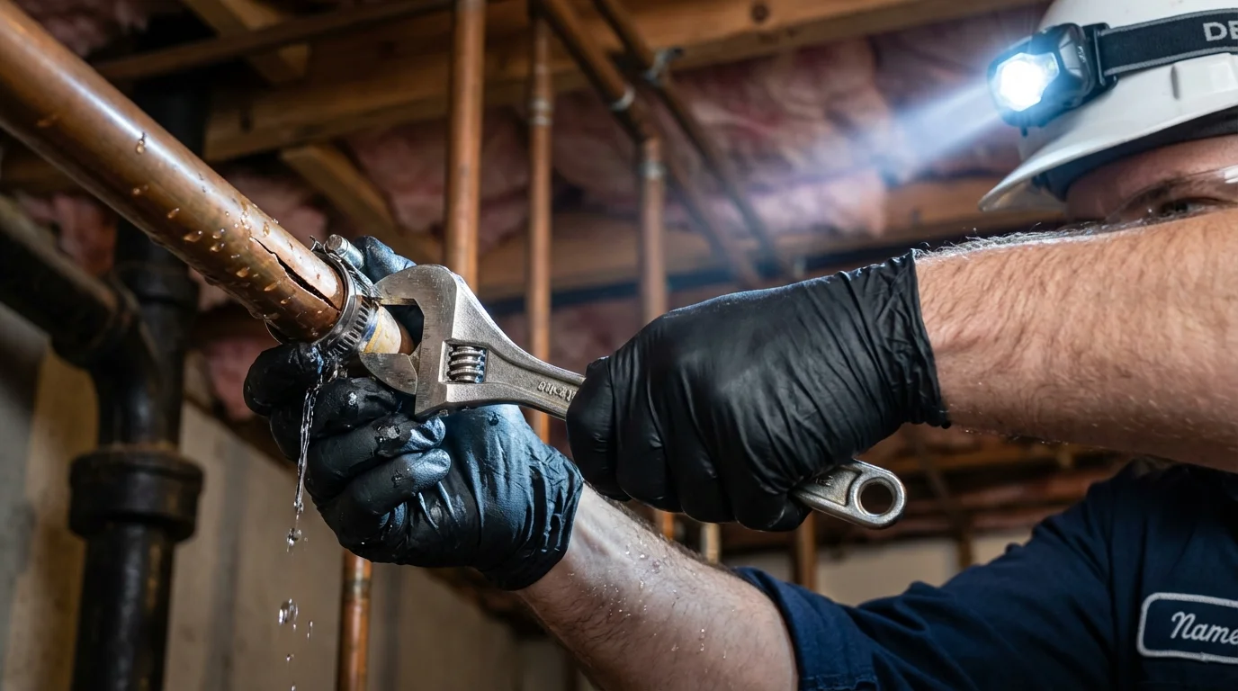 Emergency pipe clamp repair being performed by a Johns Plumbing LLC plumber in Fairmount