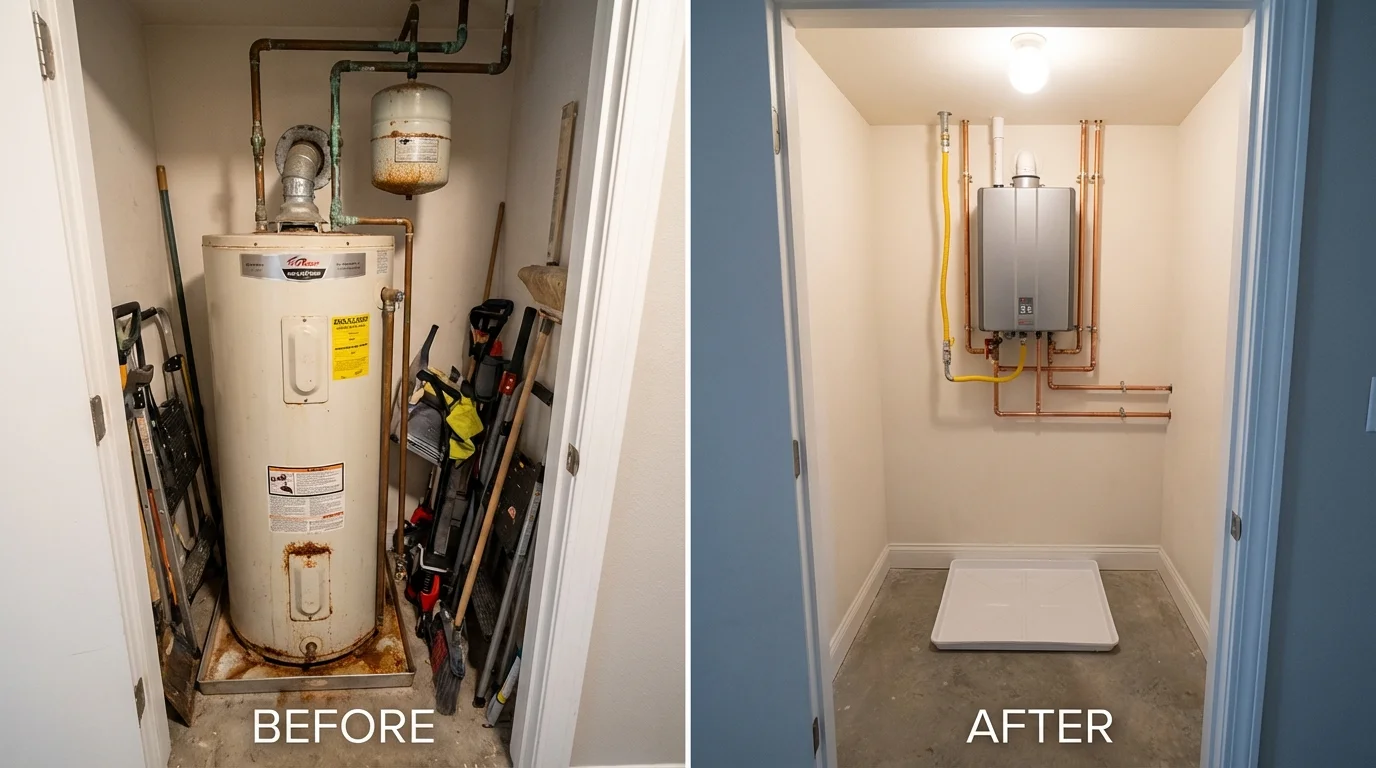 Tank water heater versus wall-mounted tankless unit comparison for Fairmount, IN homeowners