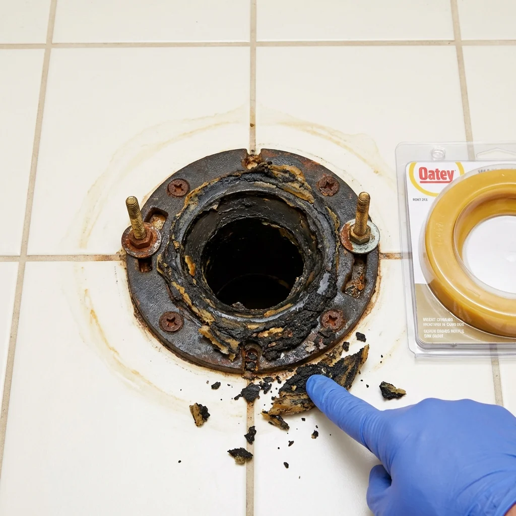 Failed wax ring showing water seepage at the base of a toilet in a Fairmount, IN home