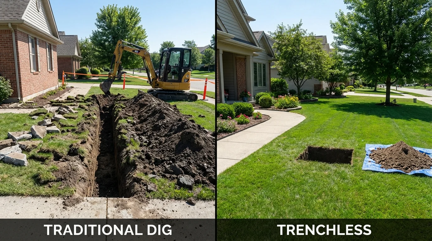 Trenchless sewer repair with minimal yard damage versus traditional excavation in Fairmount, IN